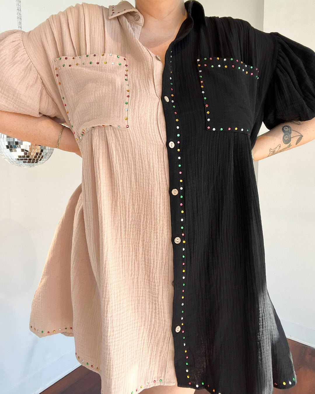 Colorblock Rhinestone Button Up Dress, Black/Taupe