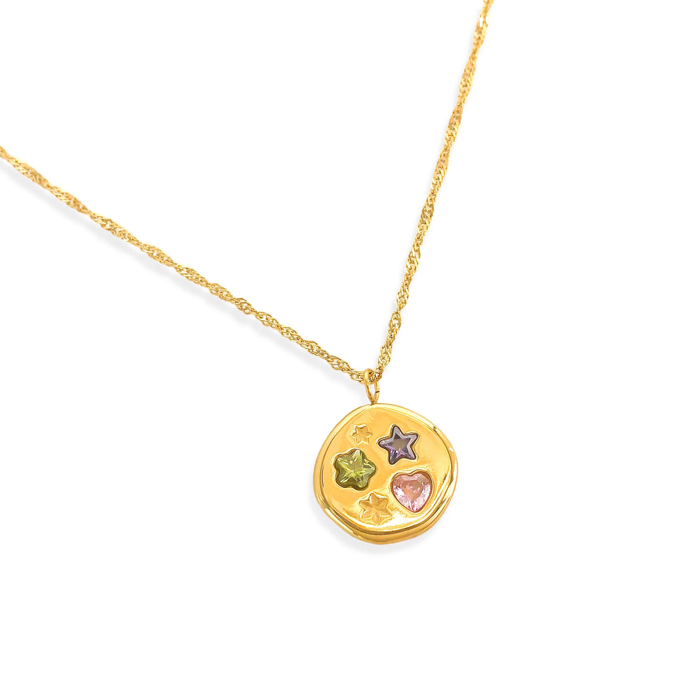 Hearts & Star CZ Medallion Necklace, Gold