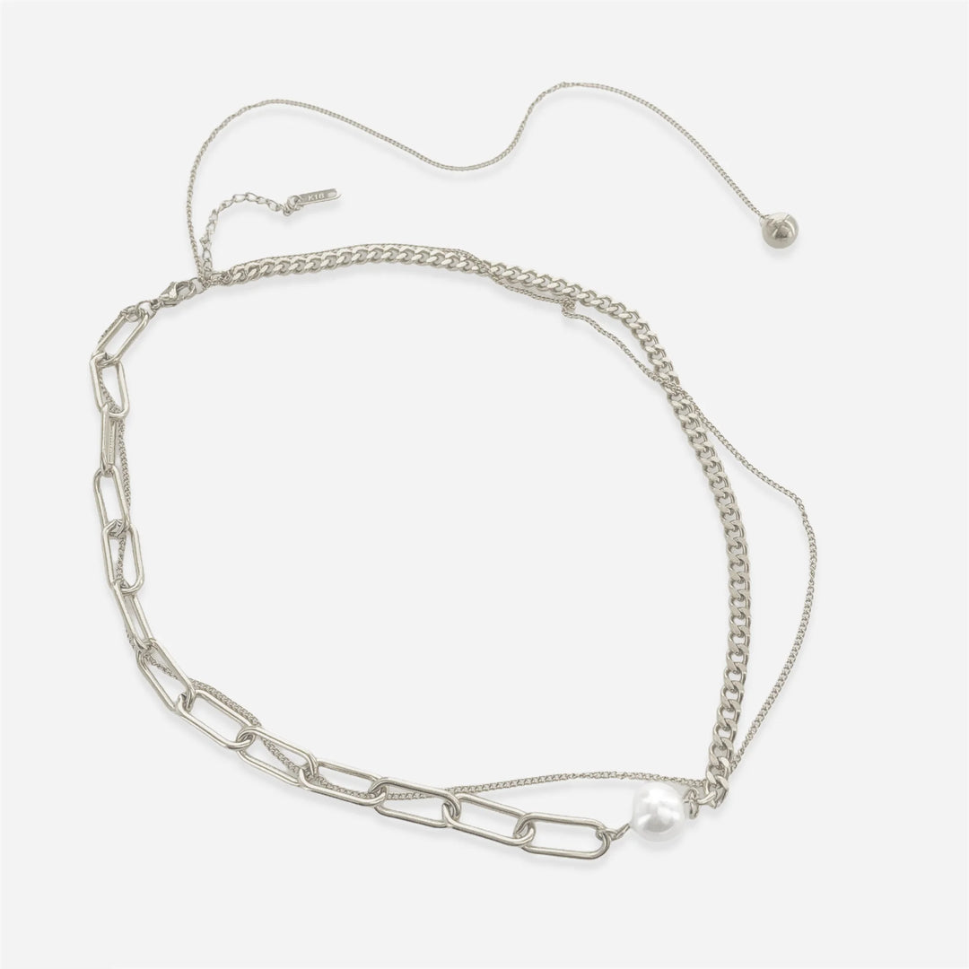 Mixed Chain Single Pearl Necklace, Silver