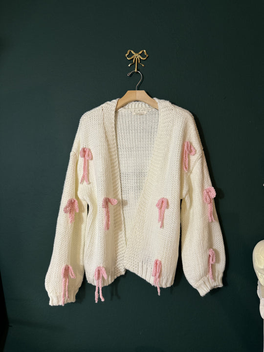 Bow Cardigan, White/Pink