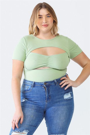 Cut Out Ribbed Short Sleeve Bodysuit, Sage Green