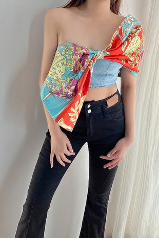 Denim Scarf Knot Bow Strapless Top, Multi