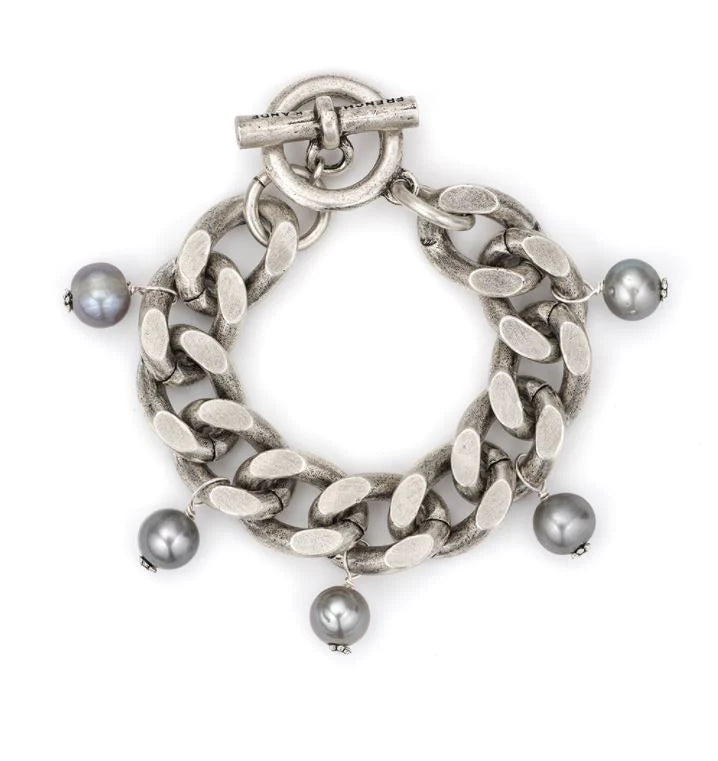 Silver Bevel Chain with Silver Freshwater Pearl Dangles Bracelet