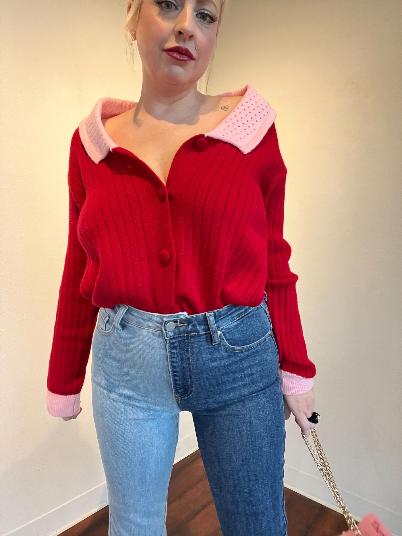 Collared Button Up Sweater, Red/Pink