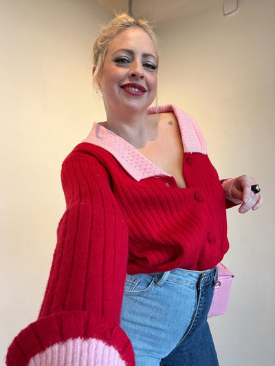 Collared Button Up Sweater, Red/Pink