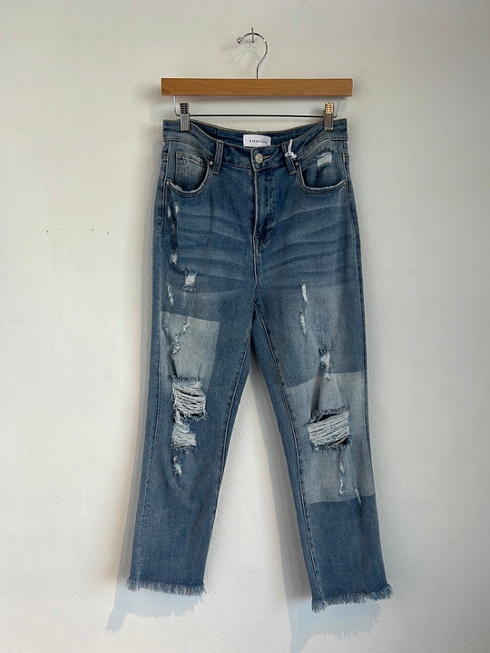 High Rise Patched Straight Leg Jeans, Light