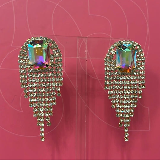 Square Crystal Tassel Earrings, Silver
