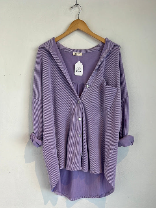 Oversized Rib Knit Button Up Top, Lavender