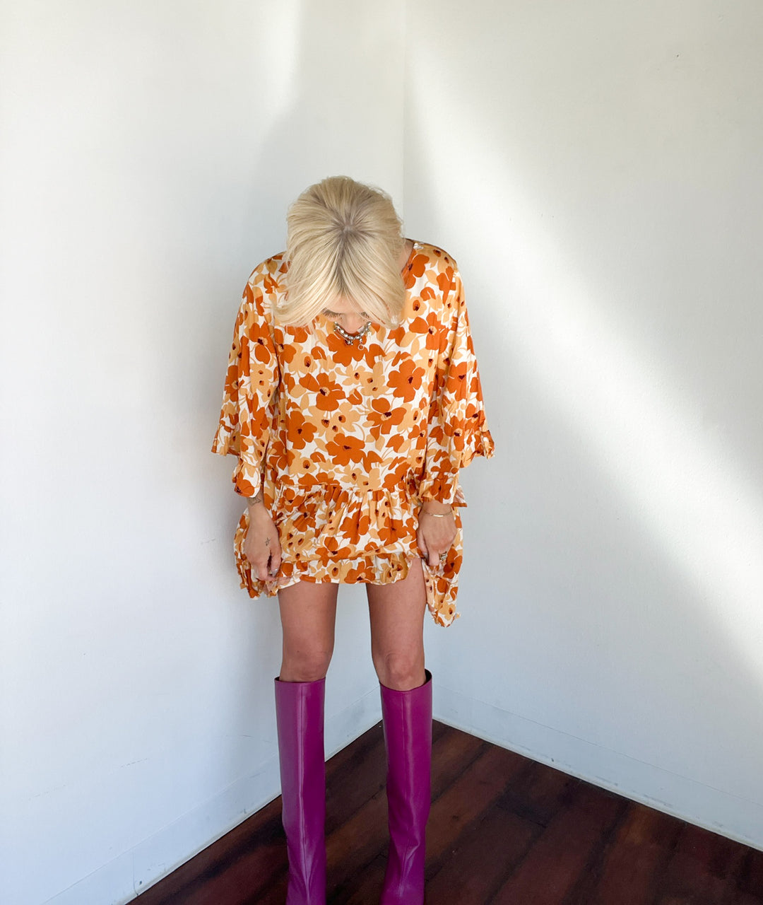 Flowy Floral Babydoll Dress, Orange
